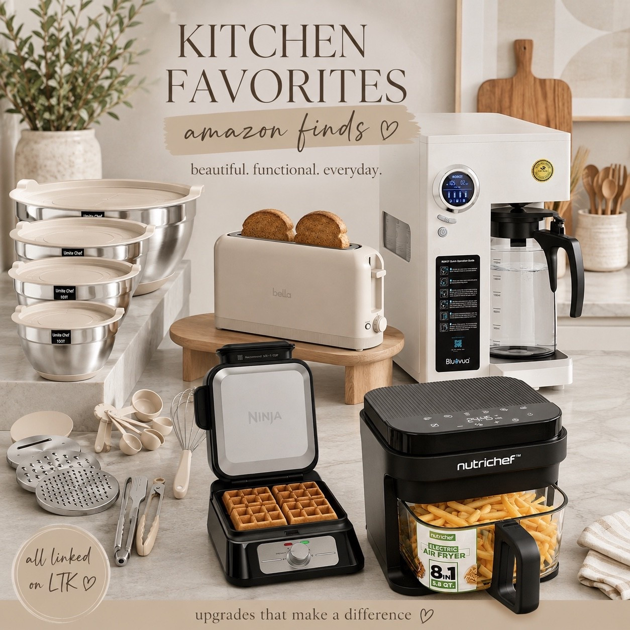 Kitchen finds I’m loving 🤍✨

These Amazon finds are perfect for making the kitchen feel a little more organized, functional + pretty!

🥣 Stainless steel mixing bowl set with lids + baking accessories
🍞 BELLA slim toaster in the prettiest oatmeal color
💧 Countertop water filtration system
🧇 Ninja waffle maker
🍟 NutriChef air fryer with a clear basket

I love finding kitchen upgrades that are actually useful AND look good sitting on the counter. 🤎

Shop all of my kitchen finds linked here! 🛒✨

#LTKfoodie #LTKSaleAlert #LTKmomlife