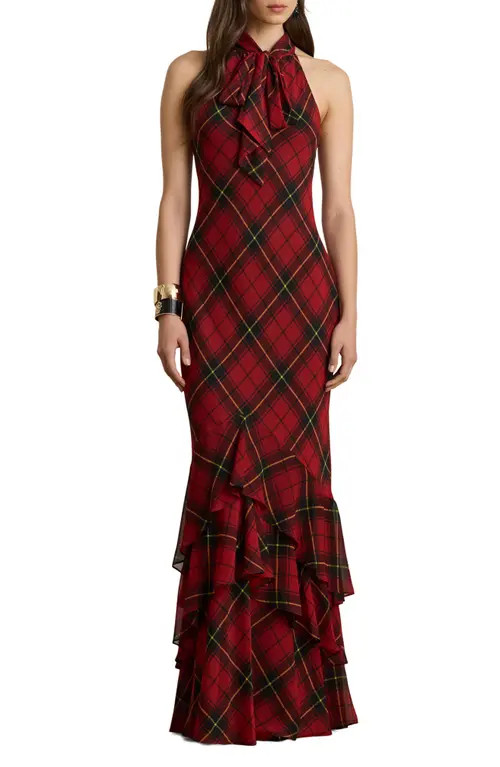 Lauren Ralph Lauren Plaid Ruffle Detail Gown in Black/Red at Nordstrom, Size 18 | Nordstrom