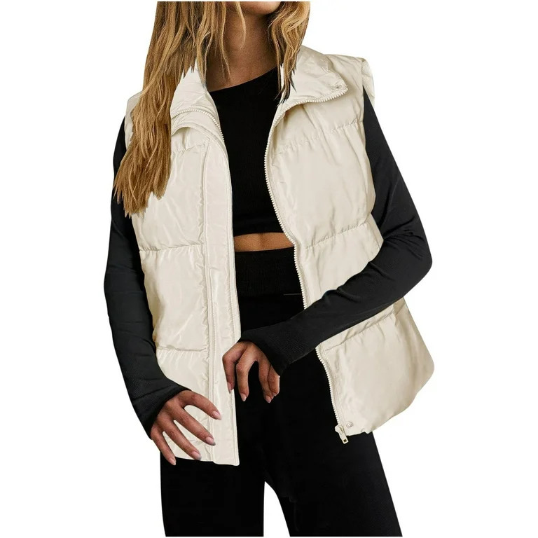 Lenpel Puffer Vest for Women Lightweight Sleeveless Solid Color Zip up Outwear Winter Warm Padded... | Walmart (US)