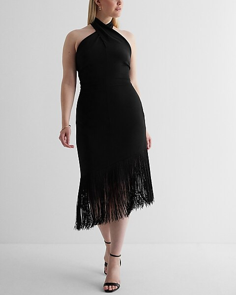 Twist Halter Neck Fringe Asymmetrical Hem Midi Dress | Express