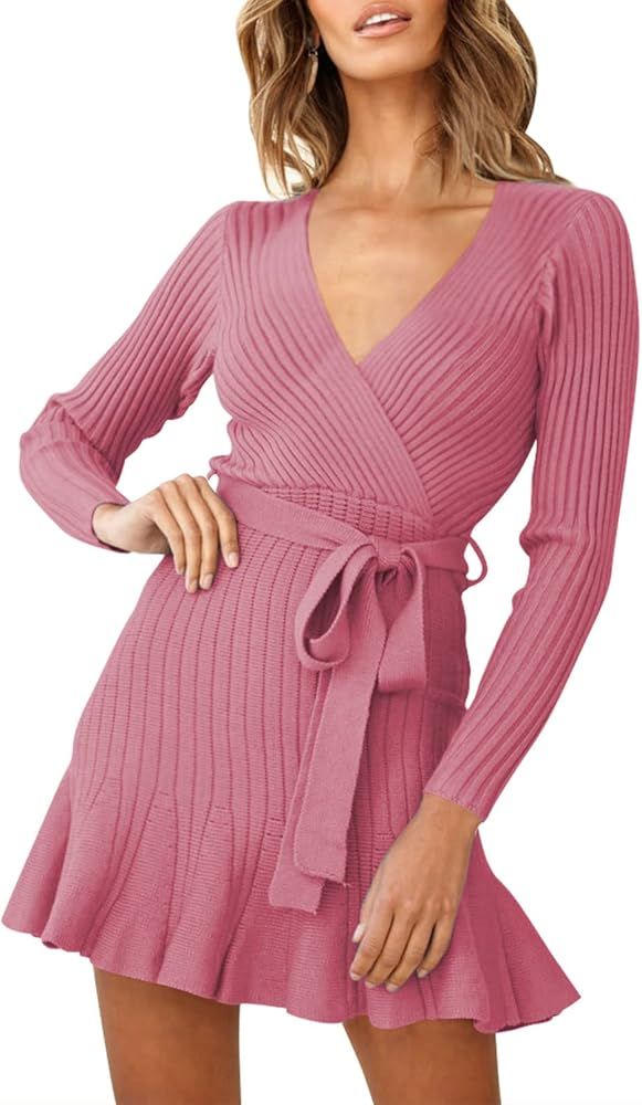 HUUSA Women's Sexy V Neck Wrap Sweater Dress Casual Long Sleeve Slim Bodycon Ruffle Hem Party Sweate | Amazon (US)