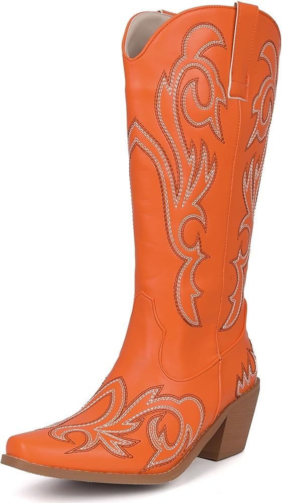 Women's Embroider Cowgirl Boots Snip Toe Slip On Bridal Floral Cowboy Boots Casual Knee High West... | Amazon (US)