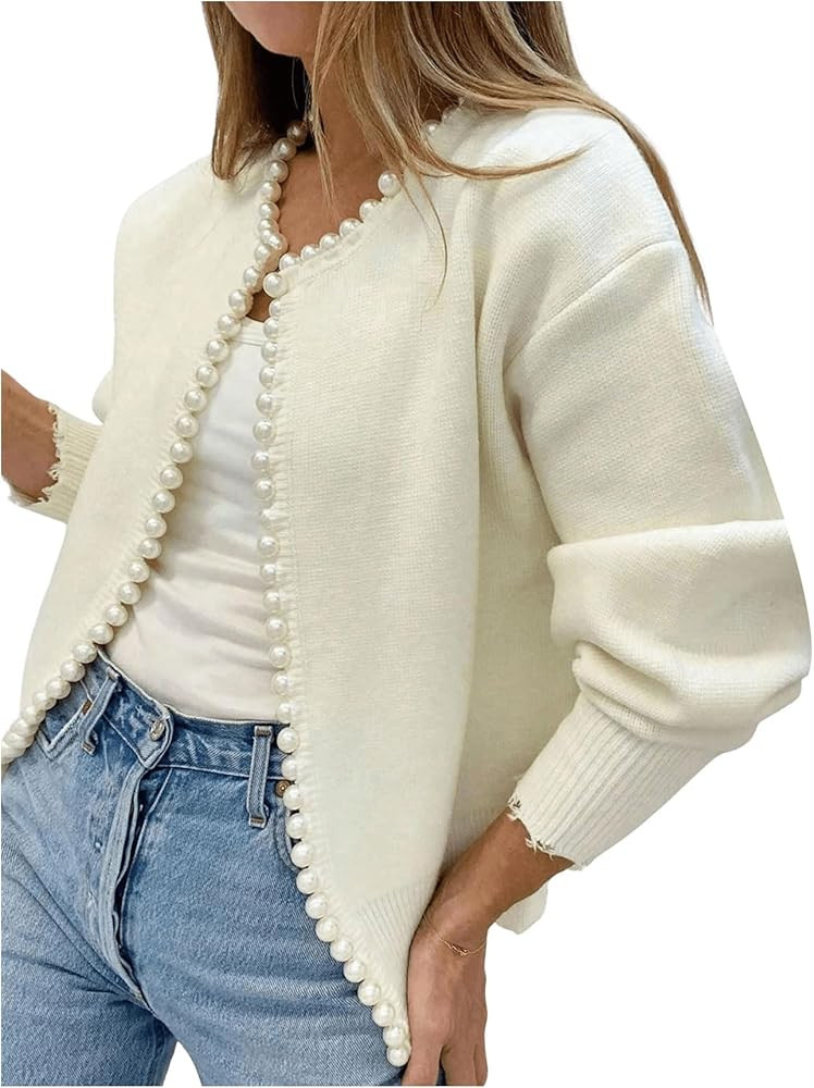 GORGLITTER Women's Pearls Decor Raw Trim Open Front Cardigan Long Sleeve Drop Shoulder Sweater | Amazon (US)