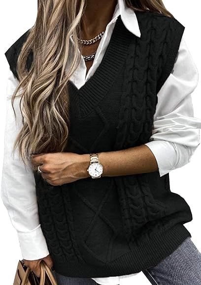 NALANISA Women V Neck Sleeveless Oversized Sweater Vest Casual Loose Cable Knit Sweaters Tank Pul... | Amazon (US)