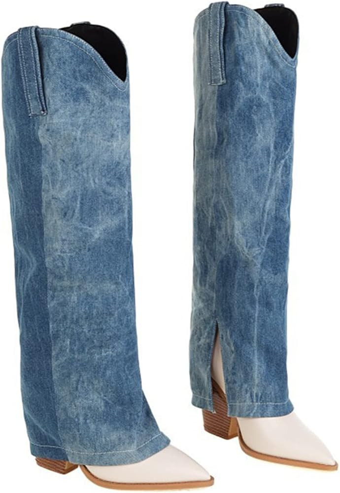 Yolkomo Cowboy Cowgirl Boots for Women Knee High Denim Boots | Amazon (US)