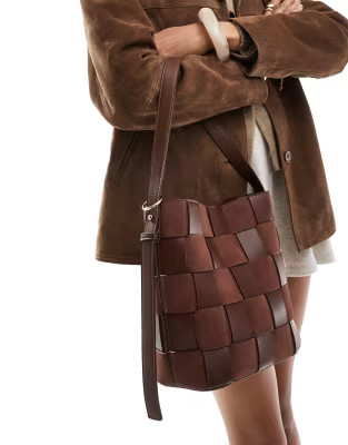 ASOS DESIGN faux suede and faux leather weave bucket tote bag in chocolate | ASOS (Global)