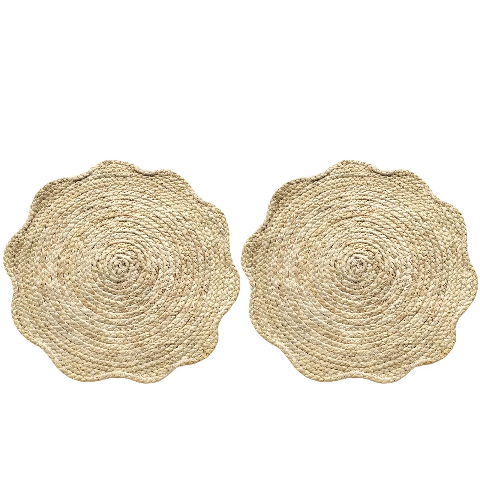 2 Pcs Handwoven Placemats, 15 in / 38 cm Scalloped Straw Placemats, Natural Corn Husk Braided Table Mats, Rustic Heat Resistant Pad for Dining Table, Kitchen, and Home Decor | Walmart (US)