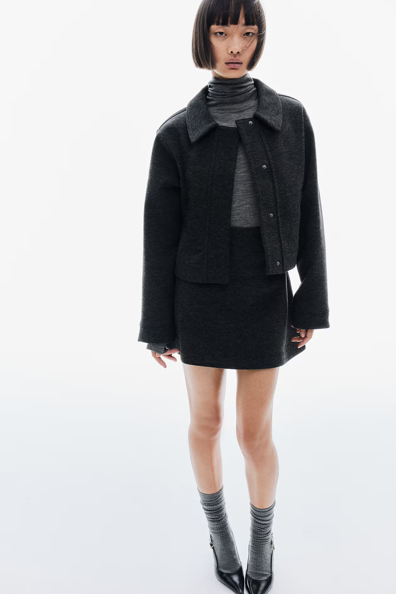 Jersey jacket - Long sleeve - Short - Dark grey marl - Ladies | H&M GB | H&M (UK, MY, IN, SG, PH, TW, HK)