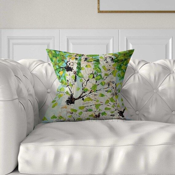 Birch Tree Pillow Cover Blue Green Pillow Case Nature Art | Etsy | Etsy (US)