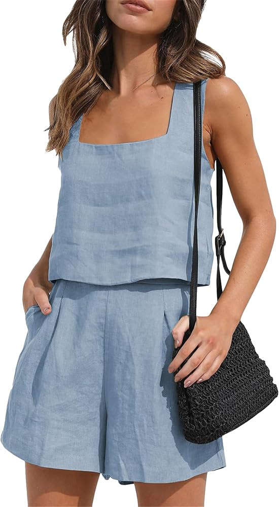 YMING Womens 2 Piece Outfits Linen Matching Sets Sleeveless Crop Tank Tops and High Waist Lounge ... | Amazon (US)