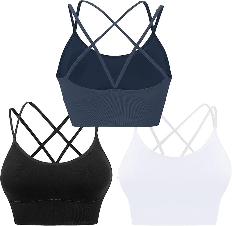BLUELILY Cross Back Sports Bras for Women Strappy Padded Longline Workout Yoga Bra Cropped Set Low I | Amazon (US)