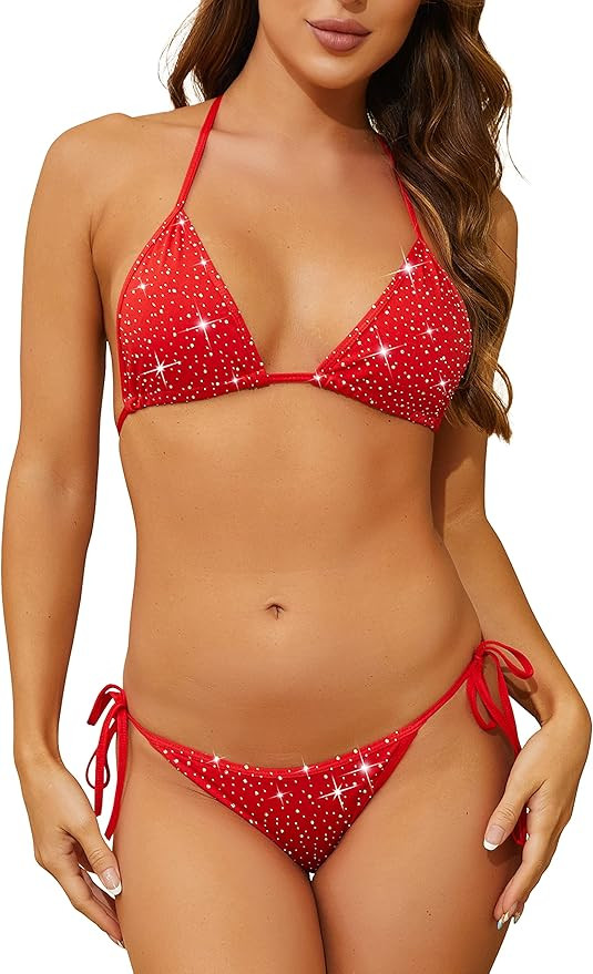 Oneheekini Women Sexy Sparkle Glitter Swimwear Shiny Crystal Rhinestones Thong Bikini Sets Tie Si... | Amazon (US)
