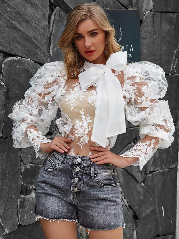 Eilly Bazar Tie Neck Embroidered Mesh Top Without Bandeau | SHEIN