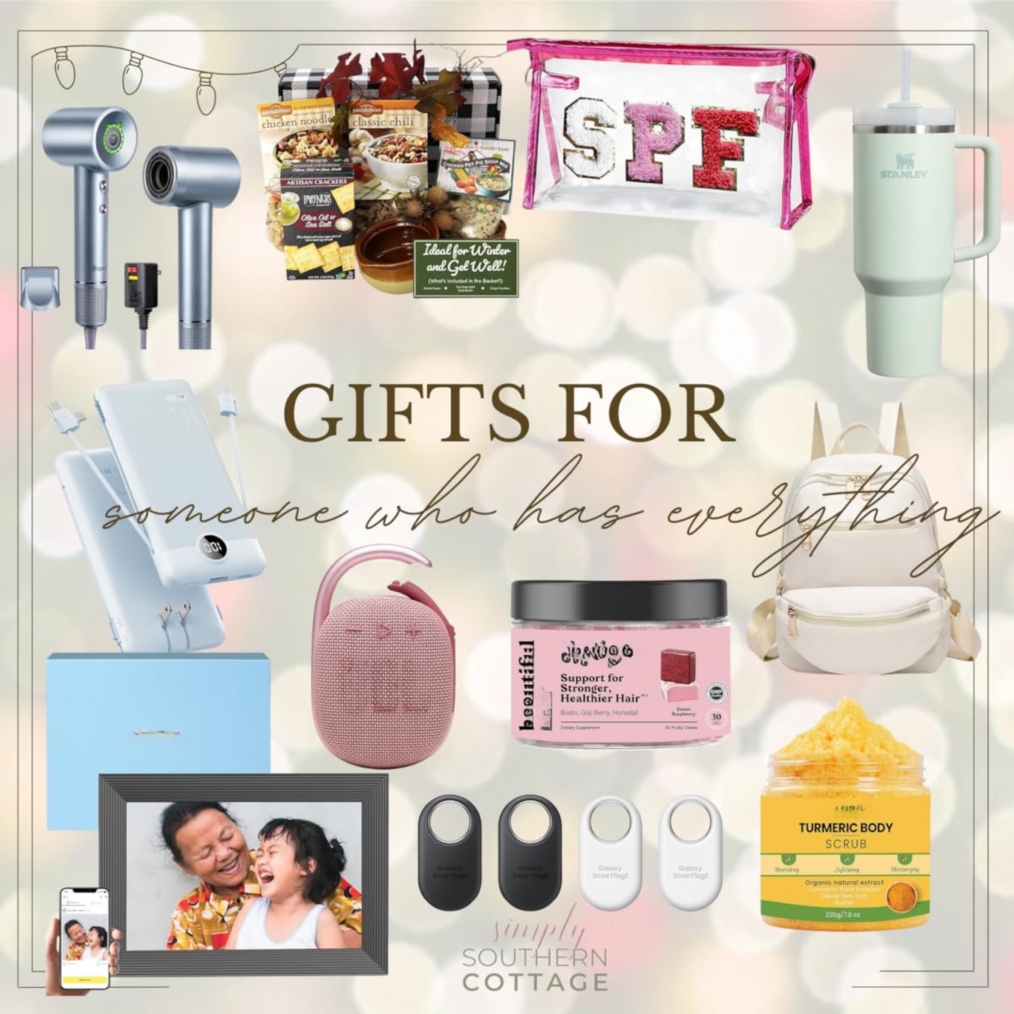 Gift ideas for the person who has everything! 

Gift guide - gift ideas - portable charger - speaker - dyson blow dryer - stanley water bottle - electronic picture frame 

#LTKGiftGuide #LTKSeasonal #LTKHoliday