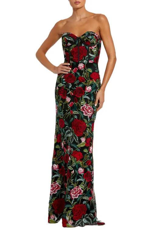 Mac Duggal Sheer Bustier Top Floral Applique Gown in Black Multi at Nordstrom, Size 4 | Nordstrom