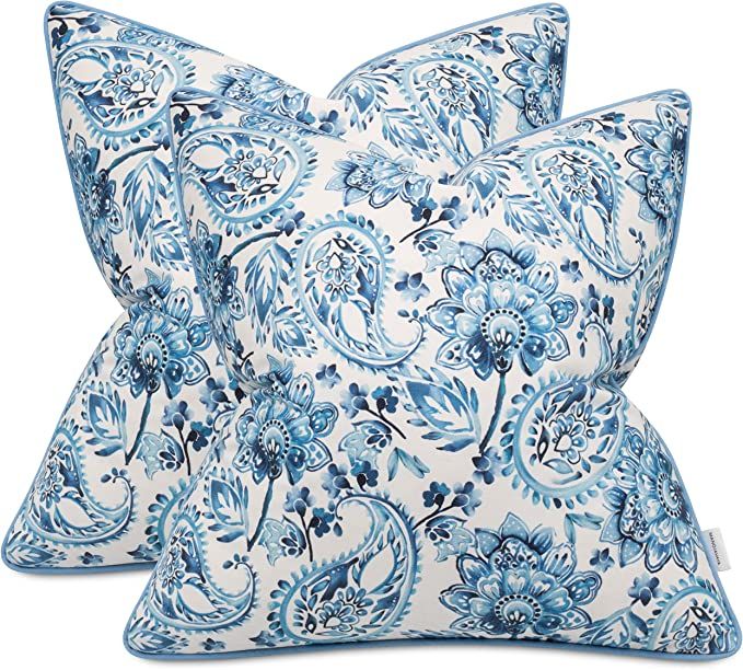 MANOJAVAYA Set of 2 Pcs Printed Blue Decorative Square Accent Throw Pillow Cover - Sofa, Chair, C... | Amazon (US)