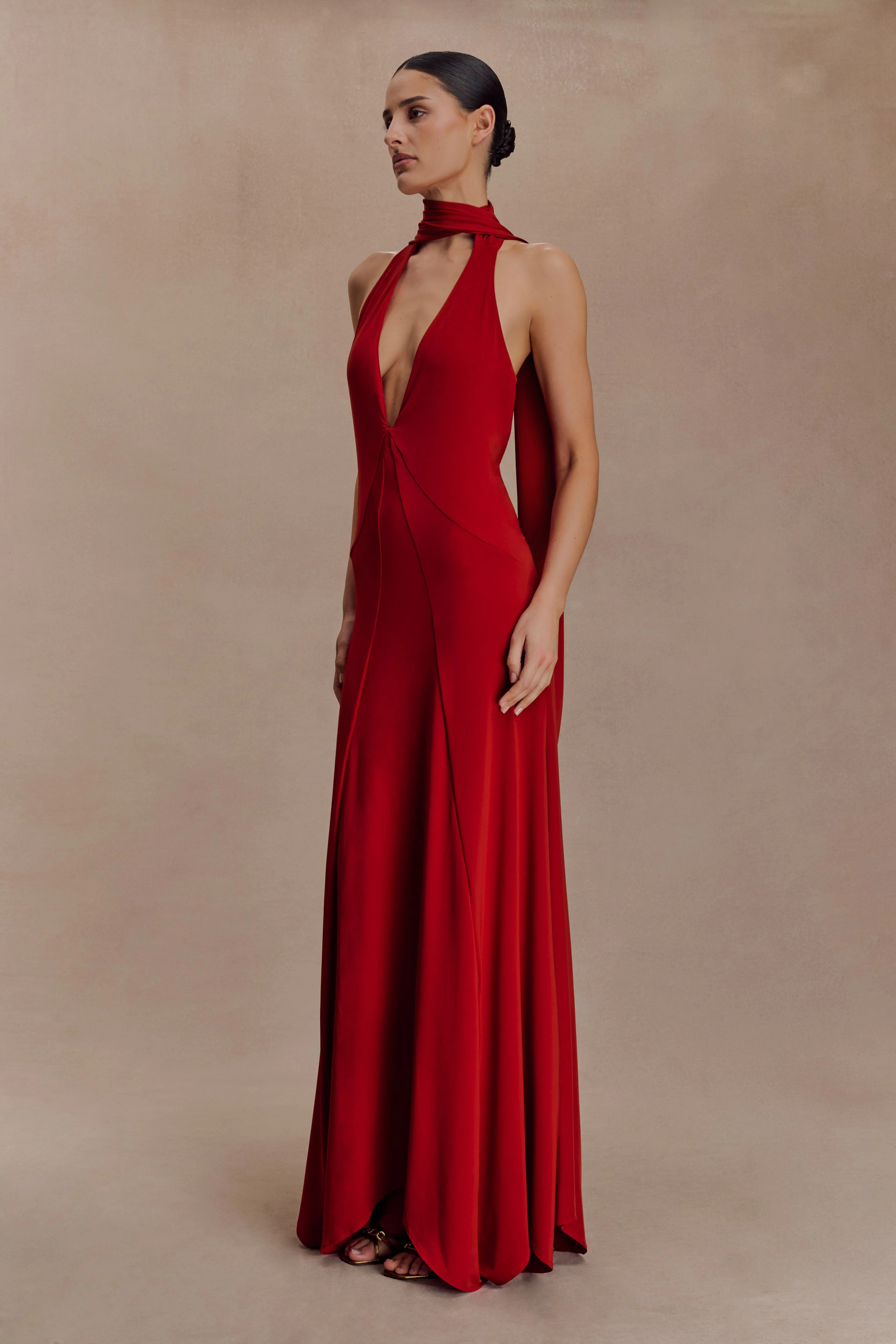 Slinky Maxi Dress With Scarf - Ruby | MESHKI US