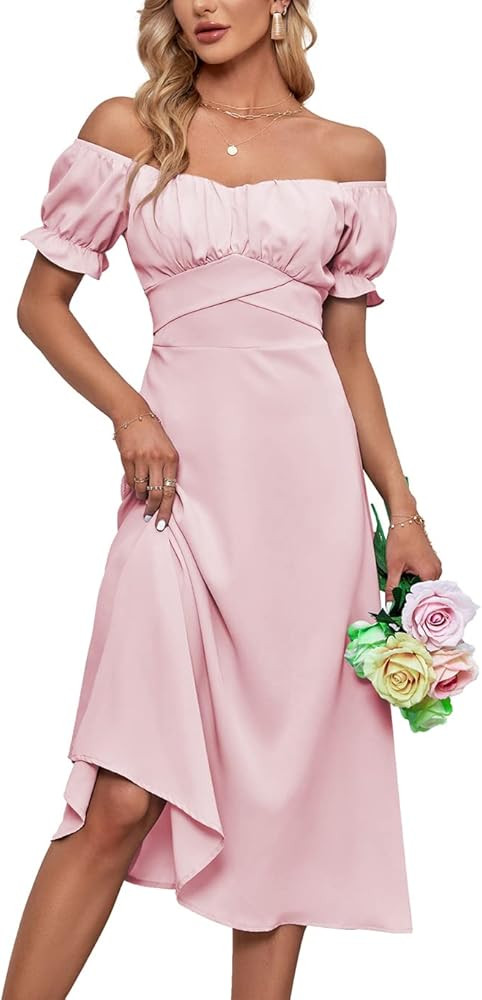 LYANER Women's Off Shoulder Wrap Ruffle Puff Short Sleeve Ruched Tie Back Dress | Amazon (US)