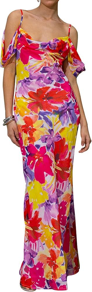 MASCOMODA Spaghetti Strap Long Maxi Dresses for Women 2024 Summer Floral Sexy Bodycon Backless Fo... | Amazon (US)