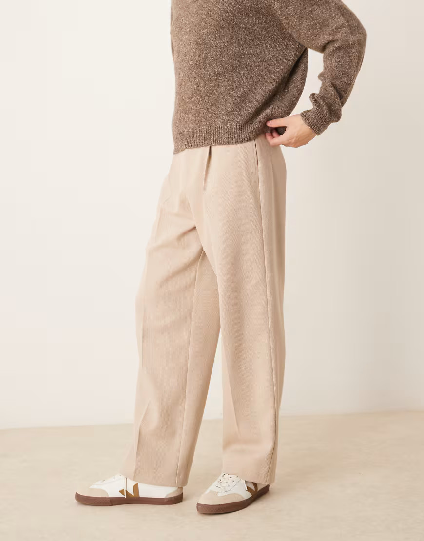 ASOS DESIGN smart wide leg pleated trousers in stone with wool herringbone-Neutral | ASOS (Global)