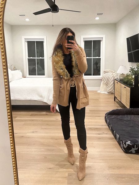 Winter date night 🥶

• December, January, black coated skinny jeans, brown slouch suede booties, show me your mumu, fur cardigan, amazon finds, neutral ootd, mob wife aesthetic 