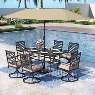 8-Piece Metal Outdoor Patio Dining Set with with Beige Cushions and Umbrella | The Home Depot
