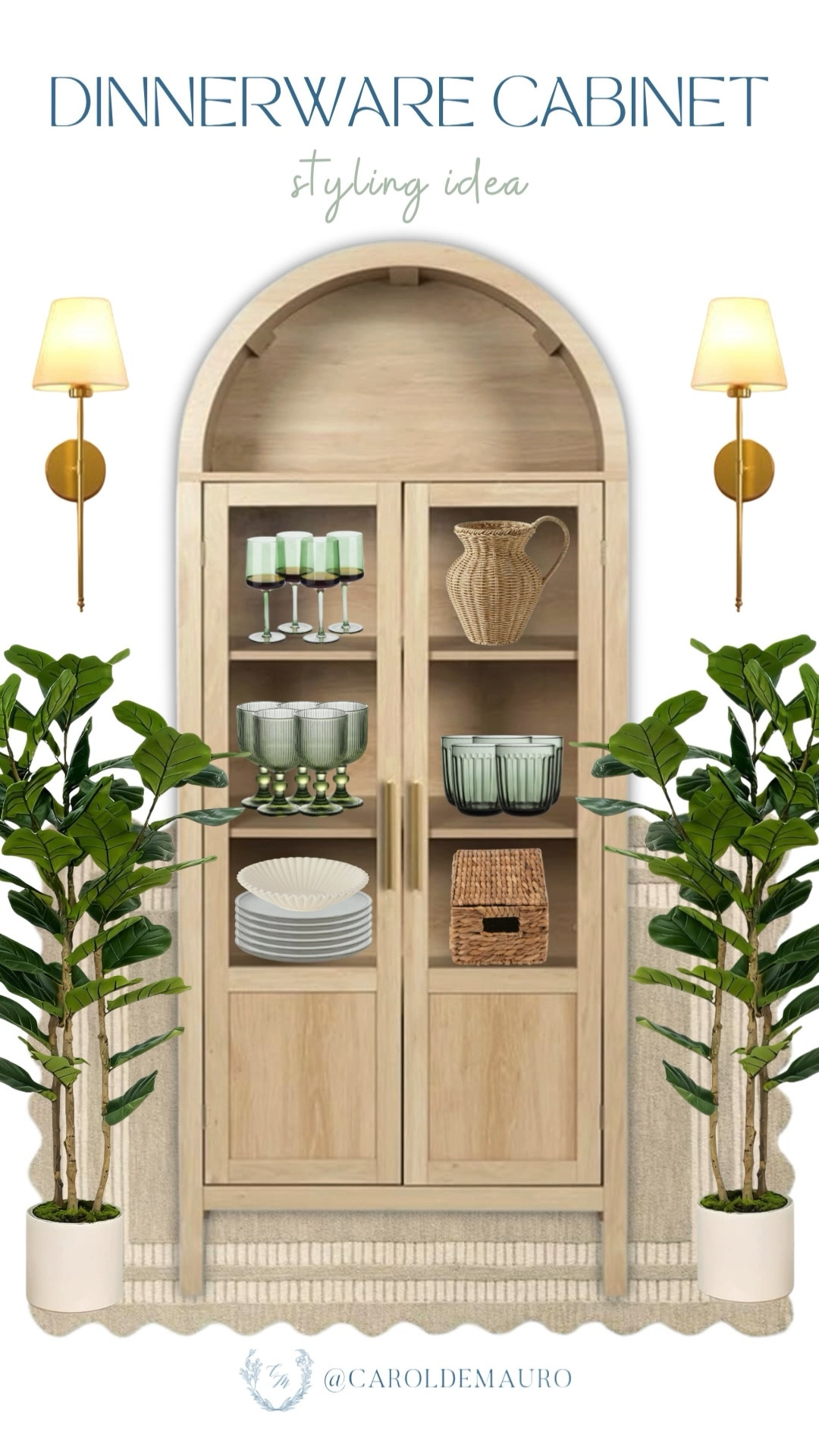 If you want a more organized and aesthetic dinnerware cabinet for your kitchen, this inspo is the perfect one for you! Fill this arched storage cabinet with beautiful wine glasses, plates, tumbler glasses, rug, and faux plants.

kitchen refresh, modern farmhouse, furniture finds, lighting fixtures, neutral style, dinnerware, interior design, shelf organization

#LTKHome #LTKU #LTKSeasonal