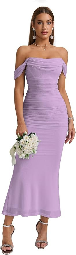 KUTUMAI Off The Shoulder Maxi Long Dress Corset Ruched Bodycon Cocktail Formal Wedding Guest Dres... | Amazon (US)