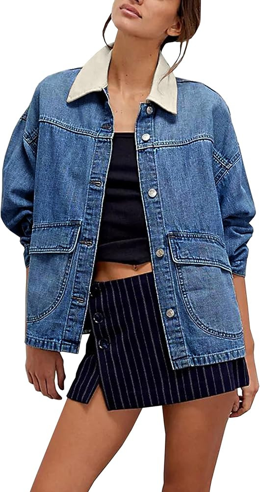 Lumister Women's Oversized Denim Jacket with Contrast Trim Long Sleeve Button Down Jean Coat with... | Amazon (US)