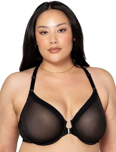 Curvy Couture Women's Sheer Mesh Front-Close Racerback Unlined Bra | Amazon (US)