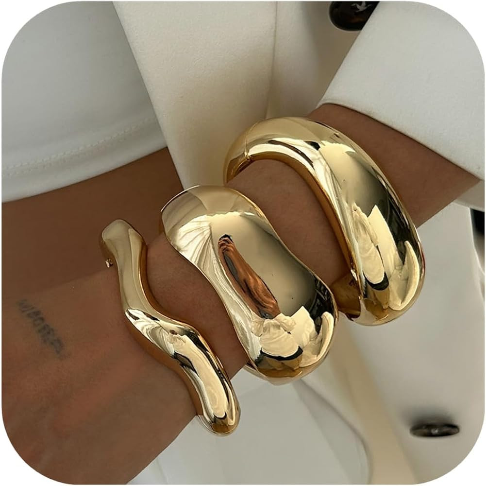Gold Bangle Bracelets for Women Trendy Chunky Wide Cuff Stackable Bangles Irregular Minimalist Je... | Amazon (US)