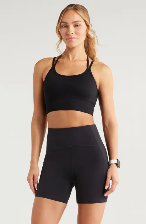 Zella Seamless Strappy Sports Bra in Black at Nordstrom, Size X-Large | Nordstrom