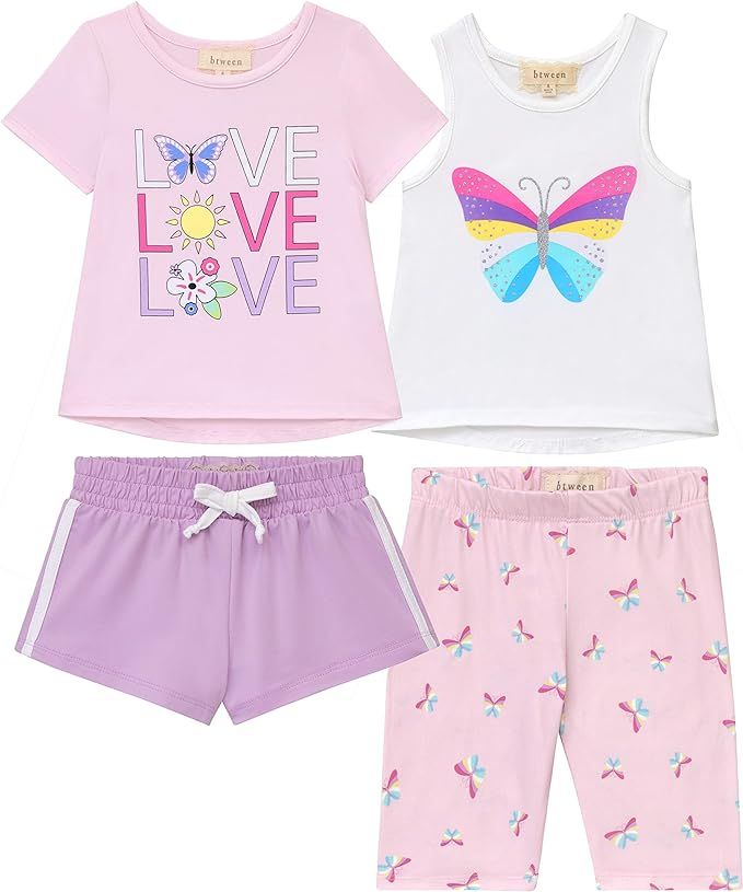 BTween Girls 4 Pack Fashion Summer Clothes Set - Shorts Tank Top Short Sleeve and Biker Shorts | Amazon (US)