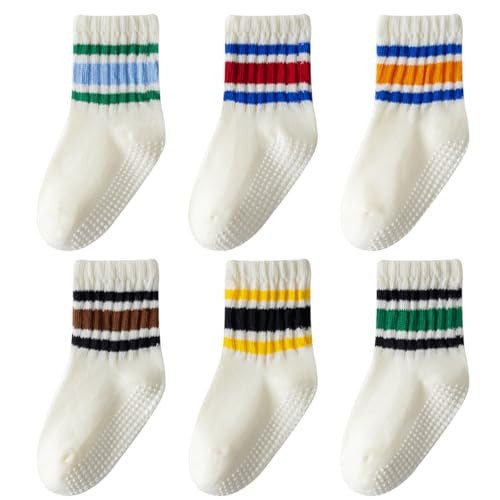 Wamvp Toddler Grip Socks with Non-Slip, Unisex Baby Retro Stripe Seamless Crew Ankle Cotton Socks for Girls Boys 6 Pairs,Colorful-1 3-5T | Amazon (US)