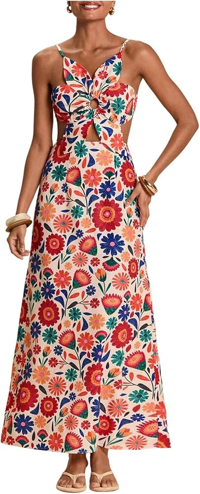 SHENHE Women's Petal Backless Linen Maxi Dress Cut Out Vacation Zipper Long Dresses | Amazon (US)