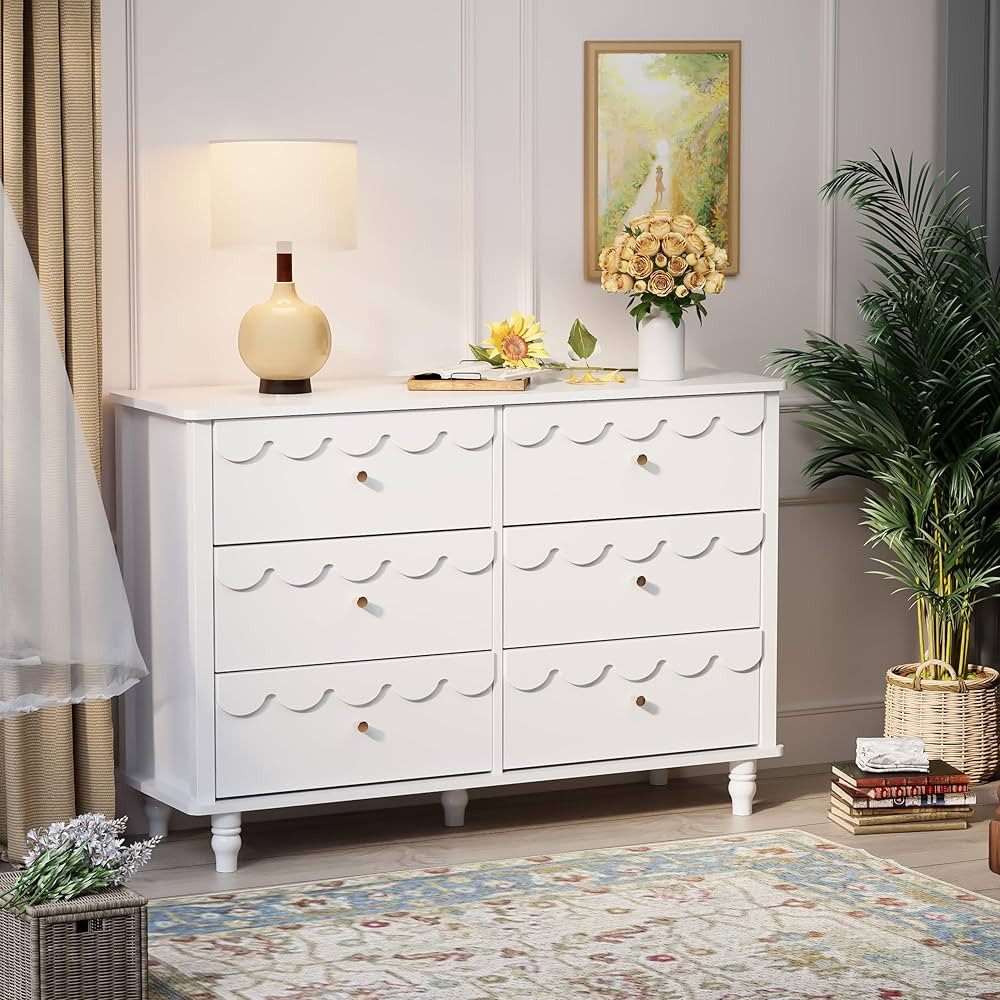 Anbuy White Scalloped Nursery Chests and Dresser for Kids Bedroom Wood 6 Drawer Dresser, Dressers... | Amazon (US)