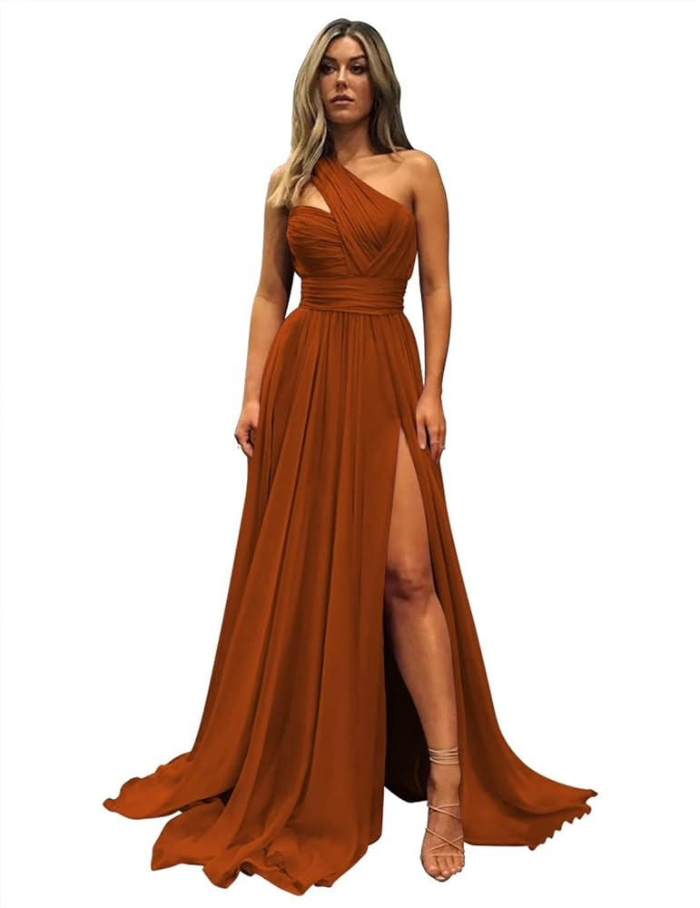 One Shoulder Chiffon Bridesmaid Dresseswith Pocket Pleats Long Formal Evening Dress A Line Weddin... | Amazon (US)