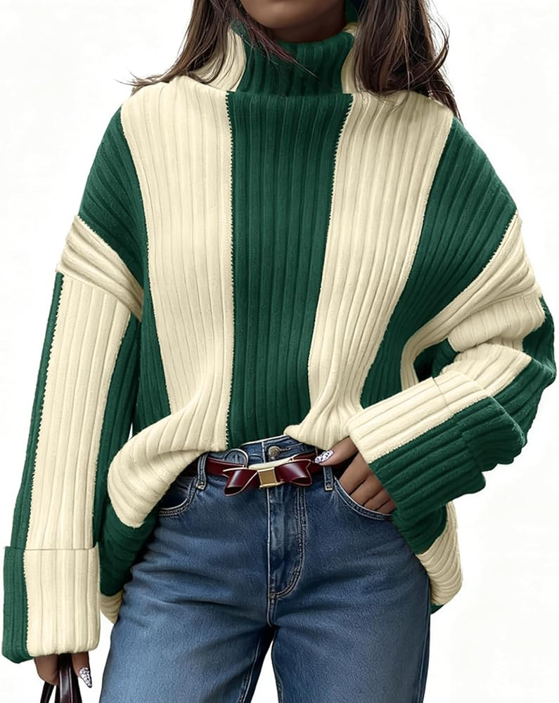 Saodimallsu Womens Turtleneck Sweater Color Block Striped Oversized Sweaters Winter Casual Trendy... | Amazon (US)