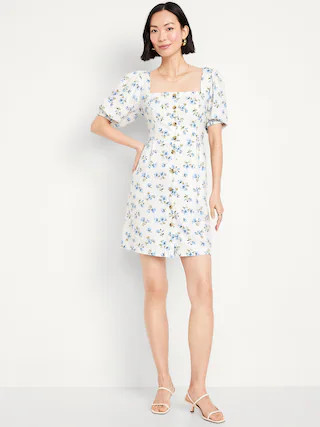 Puff-Sleeve Linen-Blend Mini Dress | Old Navy (CA)