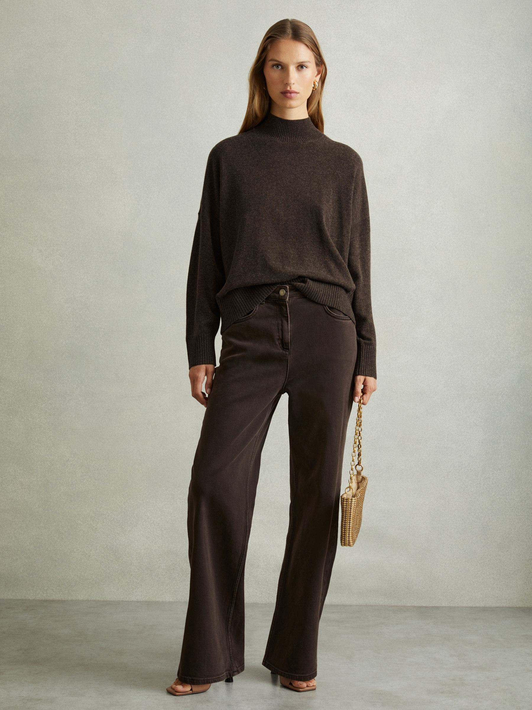 Reiss Wool Blend Funnel Neck Jumper in Chocolate - REISS | Reiss UK
