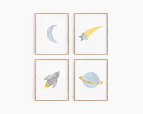 Space Theme Nursery Pictures Blue and Gray Baby Room Wall - Etsy | Etsy (US)