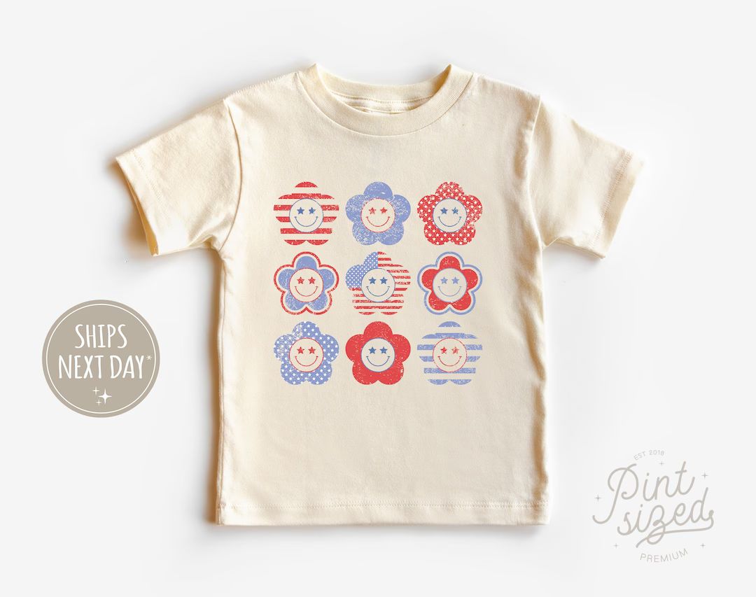 Patriotic Toddler Girl Shirt - Retro Smiley Face Tee - Hippie Fourth of July Kids Shirt | Etsy (US)