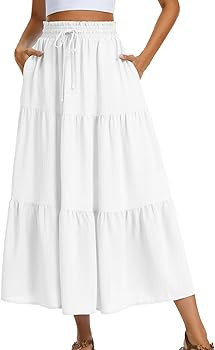 HUSKARY Women's Summer Long Maxi Flowy Tiered High Waist Trendy Ruffle Skirt with Pockets | Amazon (US)