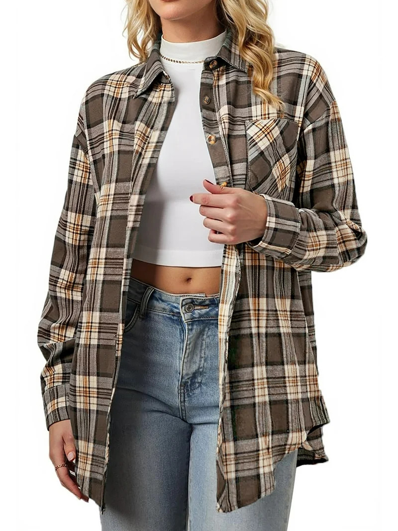Fantaslook Plaid Shirts for Women Button Down Flannel Shirts Casual Loose Long Sleeve Blouses Top... | Walmart (US)