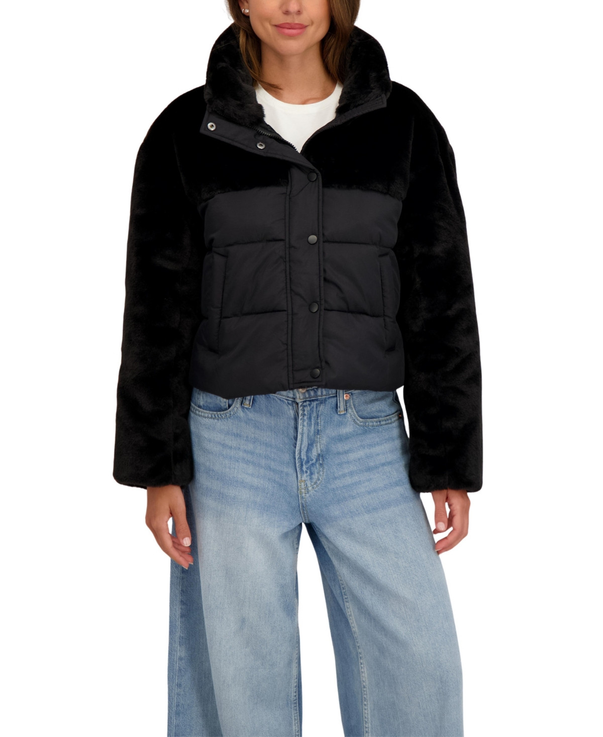 Sebby Collection Women's Short Mix Media Puffer Jacket - Black | Macy's