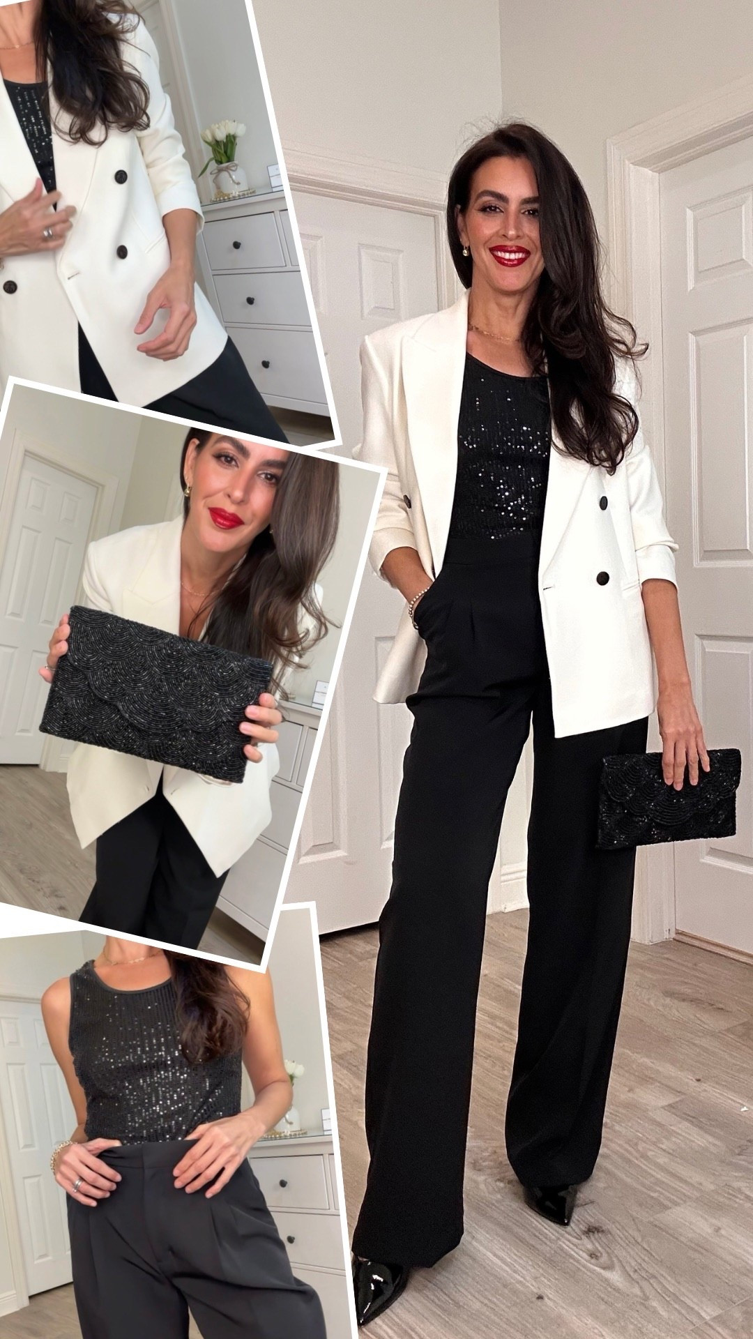 All details and sizing⬇️
Size 6 in blazer.
Size 2 in pants. 
Size M in sequin top. Very stretchy.
Lipstick is feels so grand.
Shoes are tts. Wearing size 9.5.
Adding a similar bag. 


#LTKOver40 #LTKSeasonal #LTKHoliday