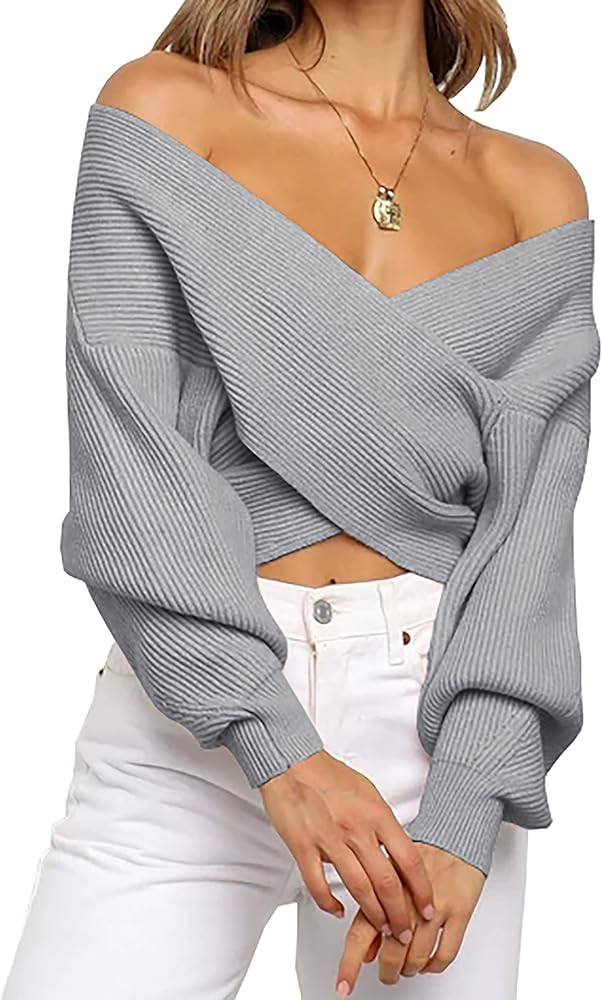BTFBM Women Casual V Neck Long Sleeve Sweaters Cross Wrap Front Off Shoulder Asymmetric Hem Knitt... | Amazon (US)