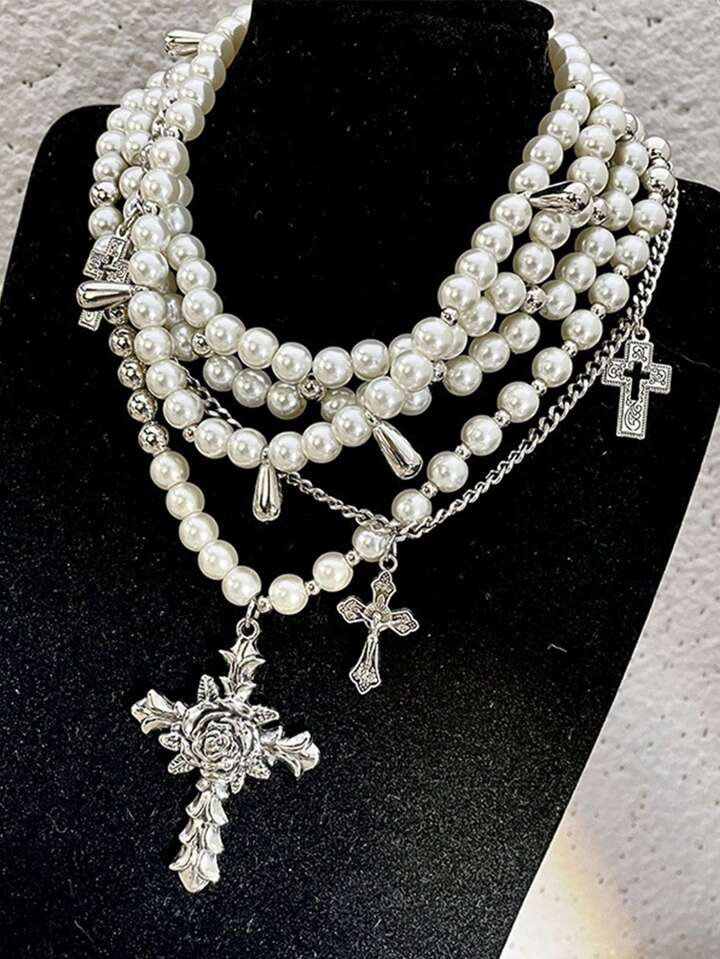 1pc Pearl Beaded Multi-Layer Necklace Chain, Trendy Sweater Choker Necklace For Men And Women | SHEIN