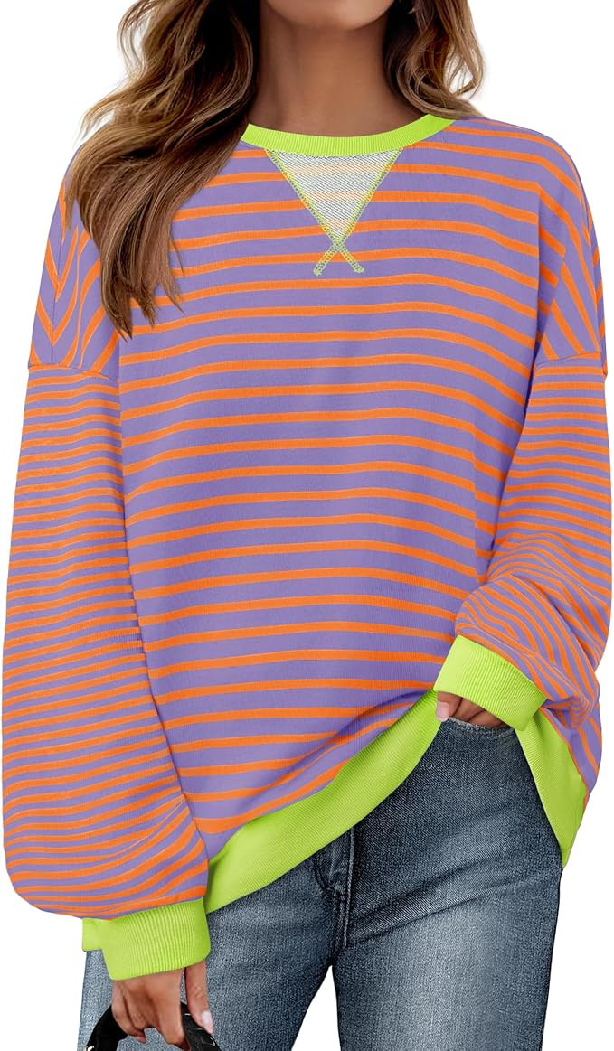 ZESICA Womens Casual Striped Pullover Tops Long Sleeve Shirts Crewneck Oversized Sweatshirts 2024... | Amazon (US)