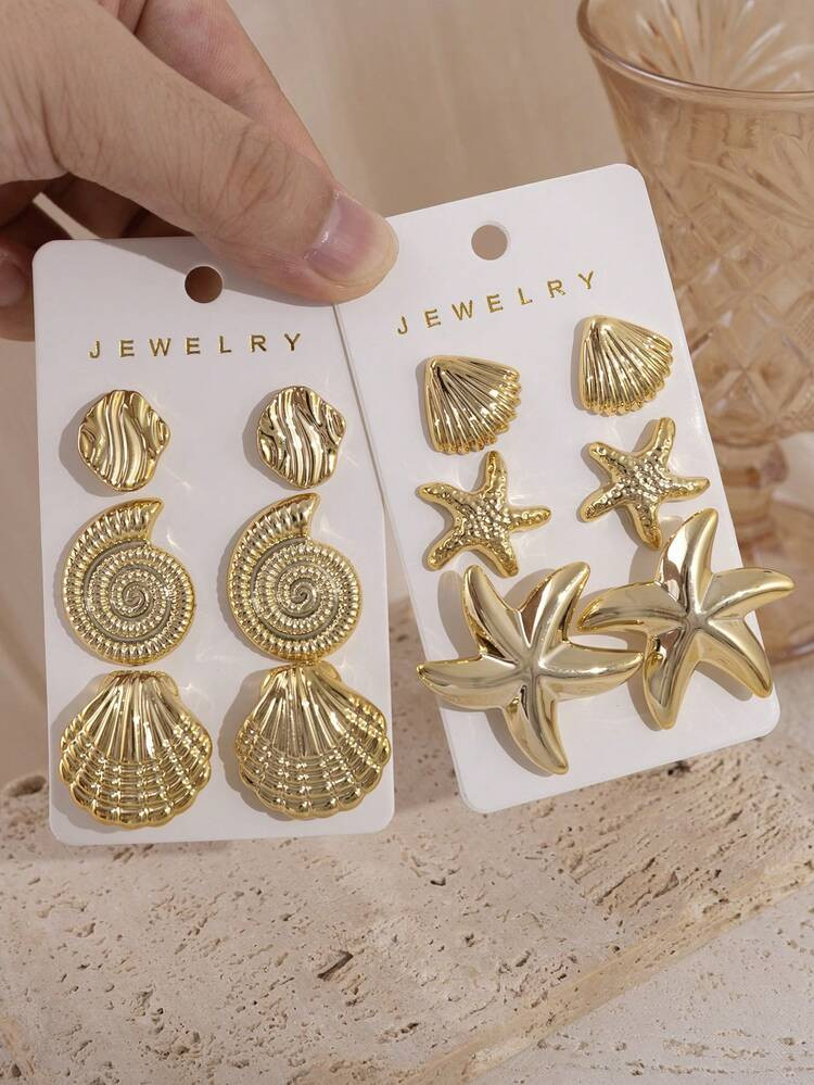 2/6/12pcs Fashionable Metal Feeling Summer Vacation Style Starfish, Seashell, Conch Multi-Element... | SHEIN
